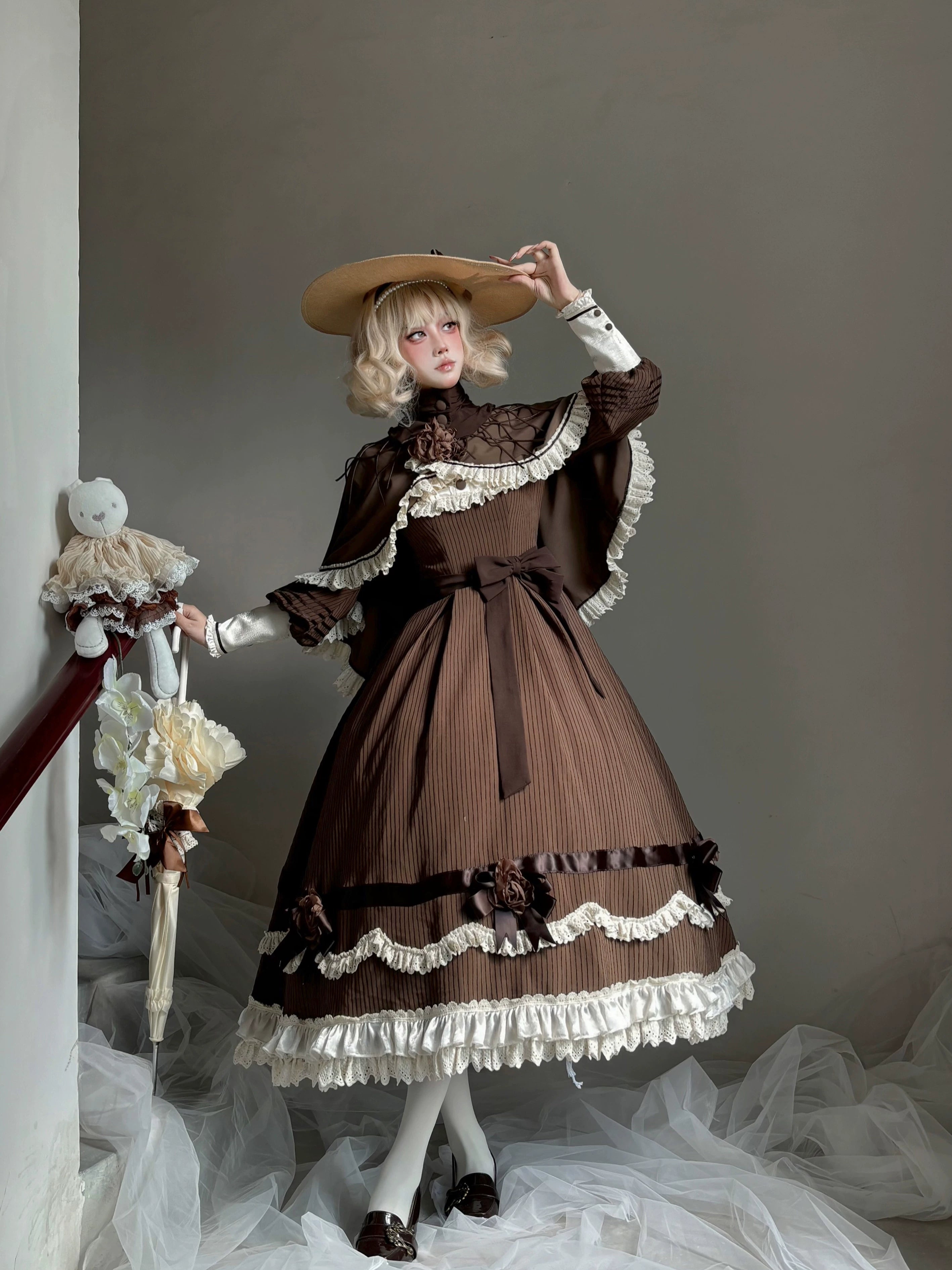 Muyu Handmade Studio - Evening Whispers of London - Brown Classic Lolita OP Dress, Mermaid Skirt Outfit 43993:791979