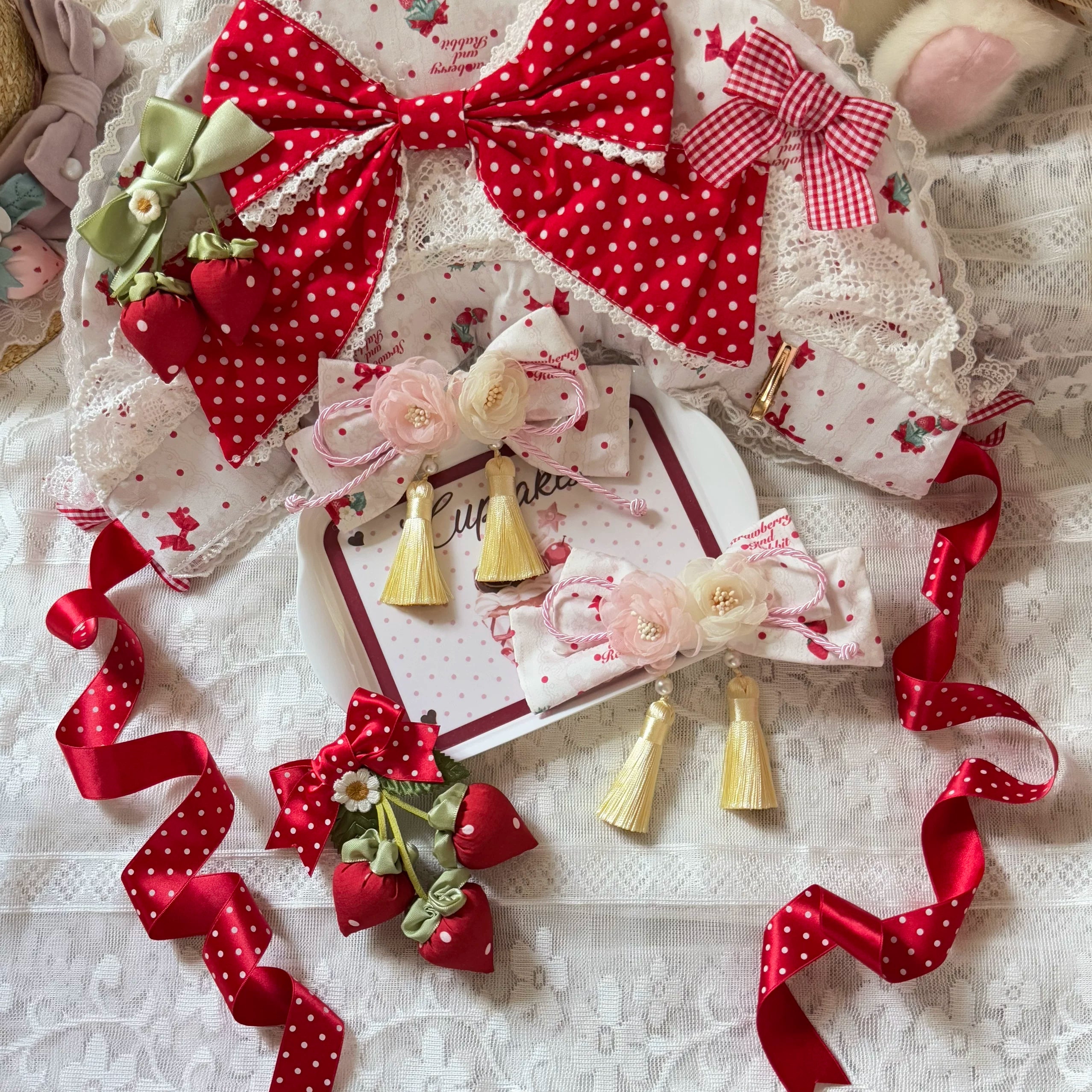 Strawberry Plaid Bunny - Printed Sweet Lolita JSK Dress, Hime Sleeve Blouse