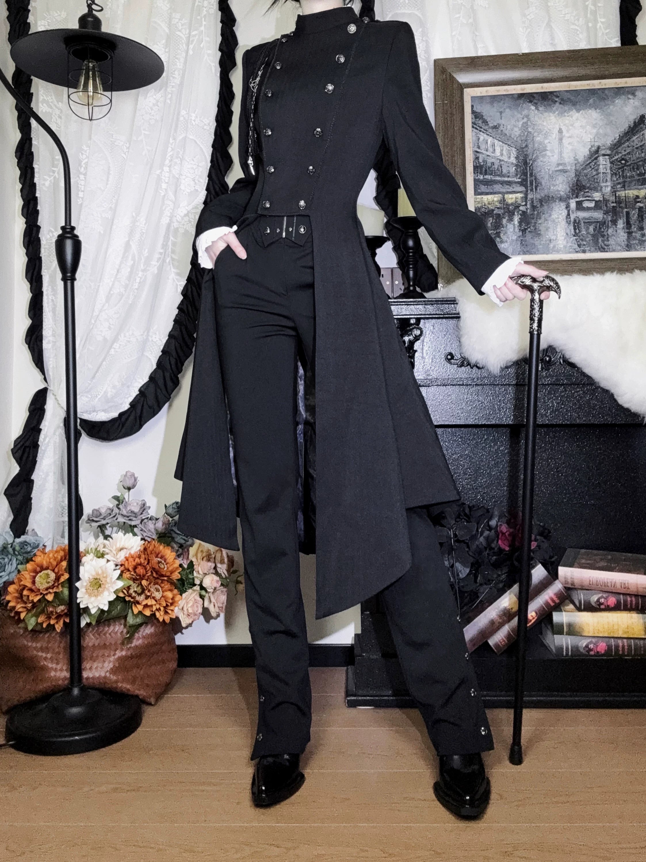 Eternal Moonlit Night - Ouji Lolita Coat, Double-Breasted High-Low Hem Black Coat Only XS