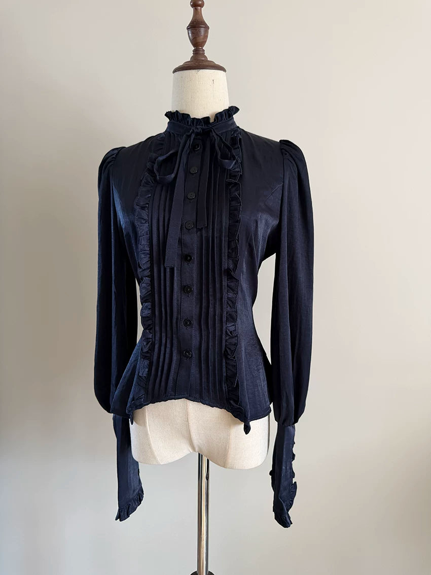 Misty Night Bell - Gothic Lolita Long Sleeve Blouse, Pintuck Placket Dark Blue Blouse Only S