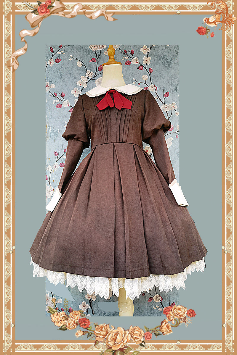 Infanta - Suliko - Maid Lolita OP Set with Soldier Style Waist Pack and Apron Brown OP with bow tie S