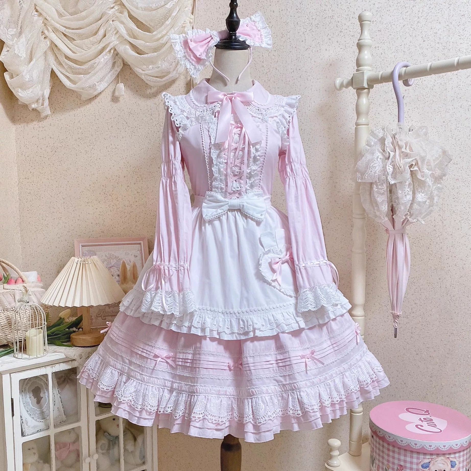 Little Bunny Bakery - Old School Lolita Cotton JSK Dress, Bunny-ear Heart Apron Light Pink JSK Only S