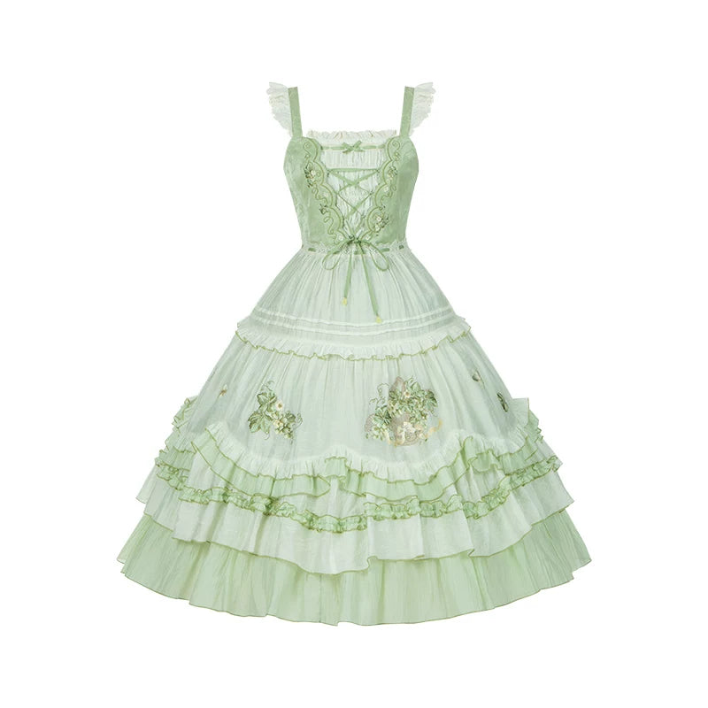 Green Grape - Embroidered Country Lolita OP Dress, Tiered JSK (L M S) 44986:831126