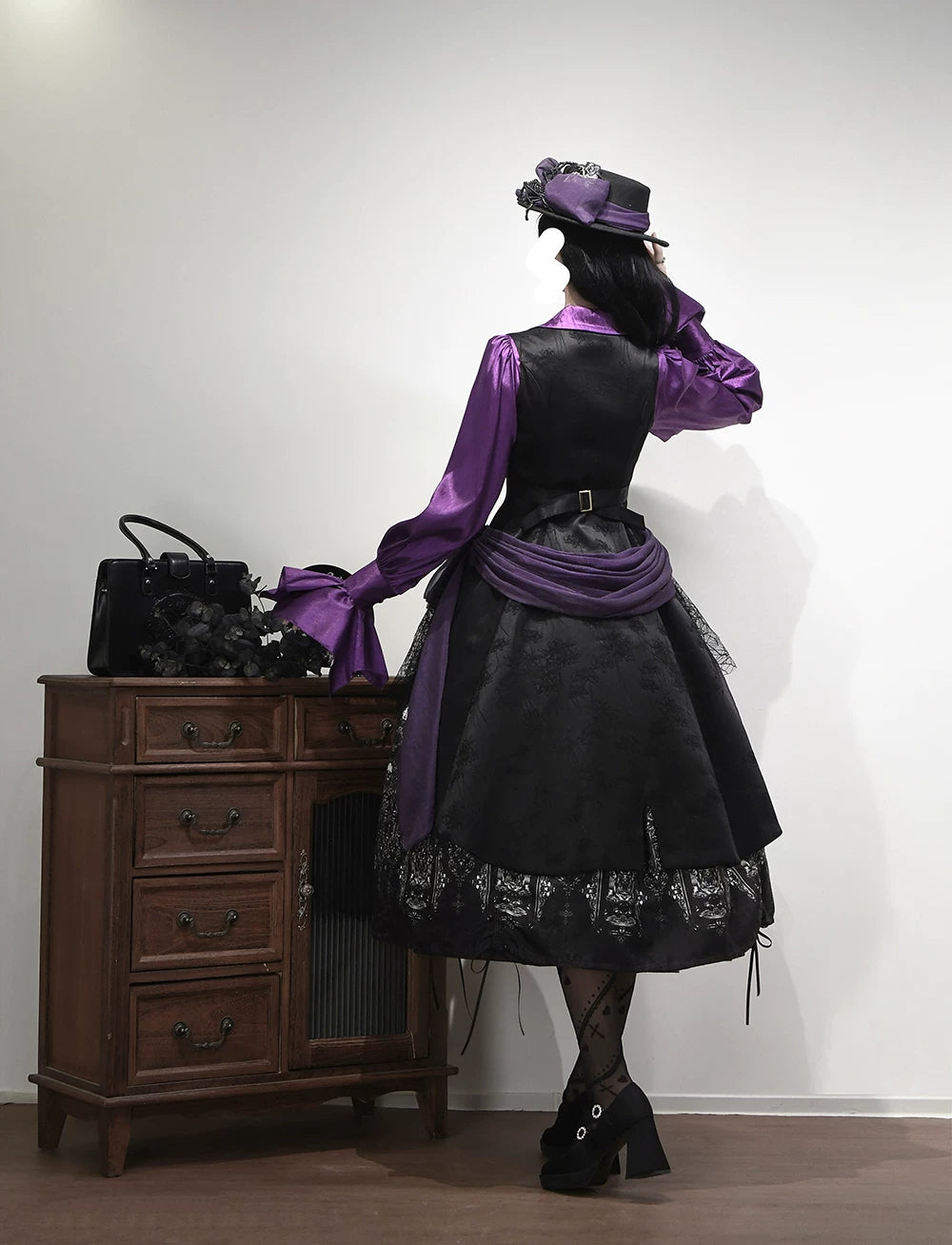 Moonnight Return - Fishbone Gothic Lolita SK Dress, Drawstring lift-up Hem