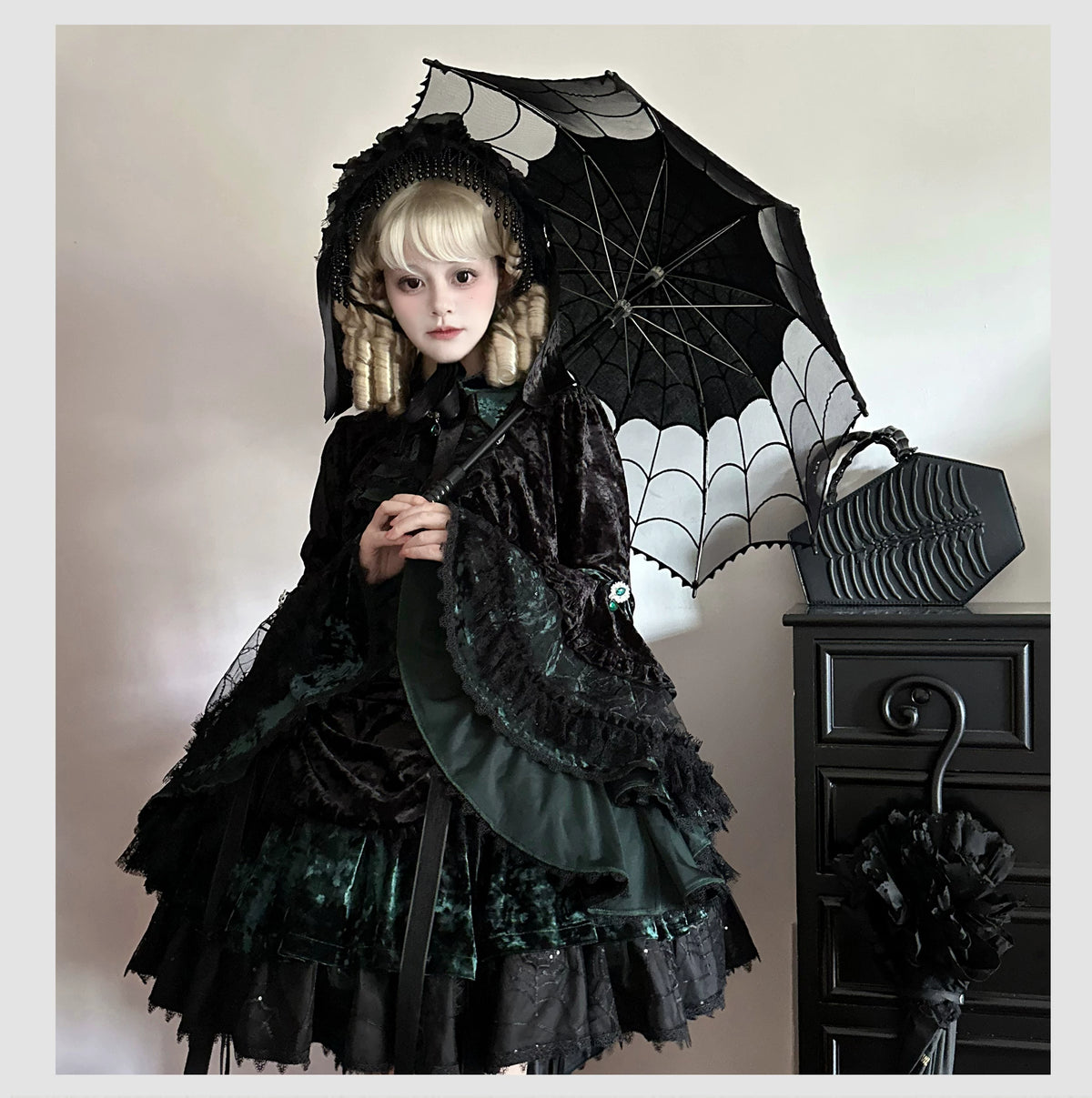 Dark Raven Poem - Gothic Lolita JSK & Bolero Dress Set, Diamond Velvet 45967:869792