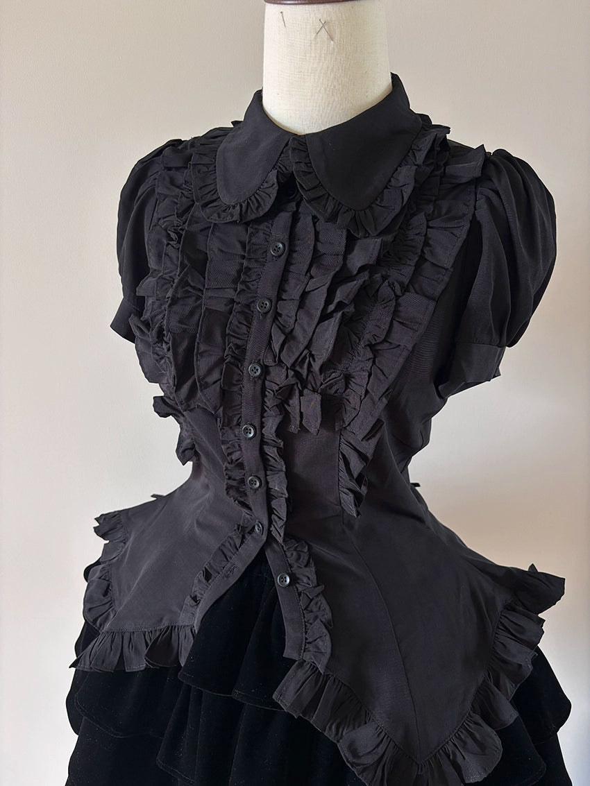 FlowerFairyDaily - Tiana's Wardrobe - Doll-like Lolita Shirt With Ruffles/Adjustable Back Strap Solid Black S