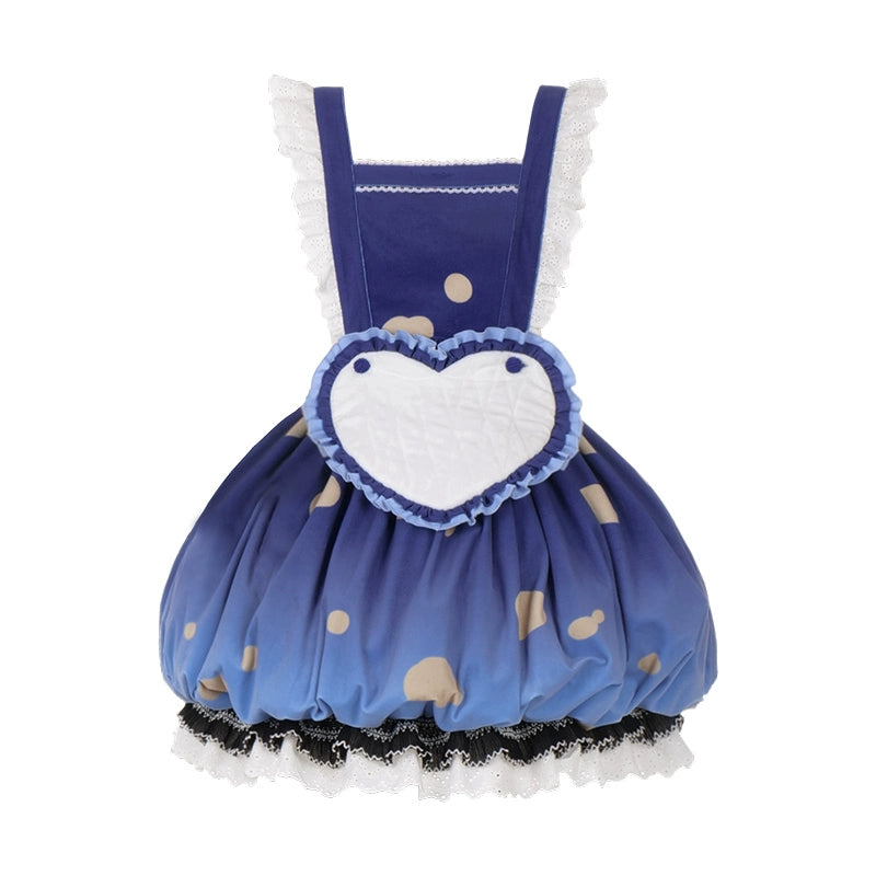 (BFM)With Puji~Blue Umbrella~Lolita Dress Suspenders Mushroom Set S salopette dress+heart apron (pre-order) 