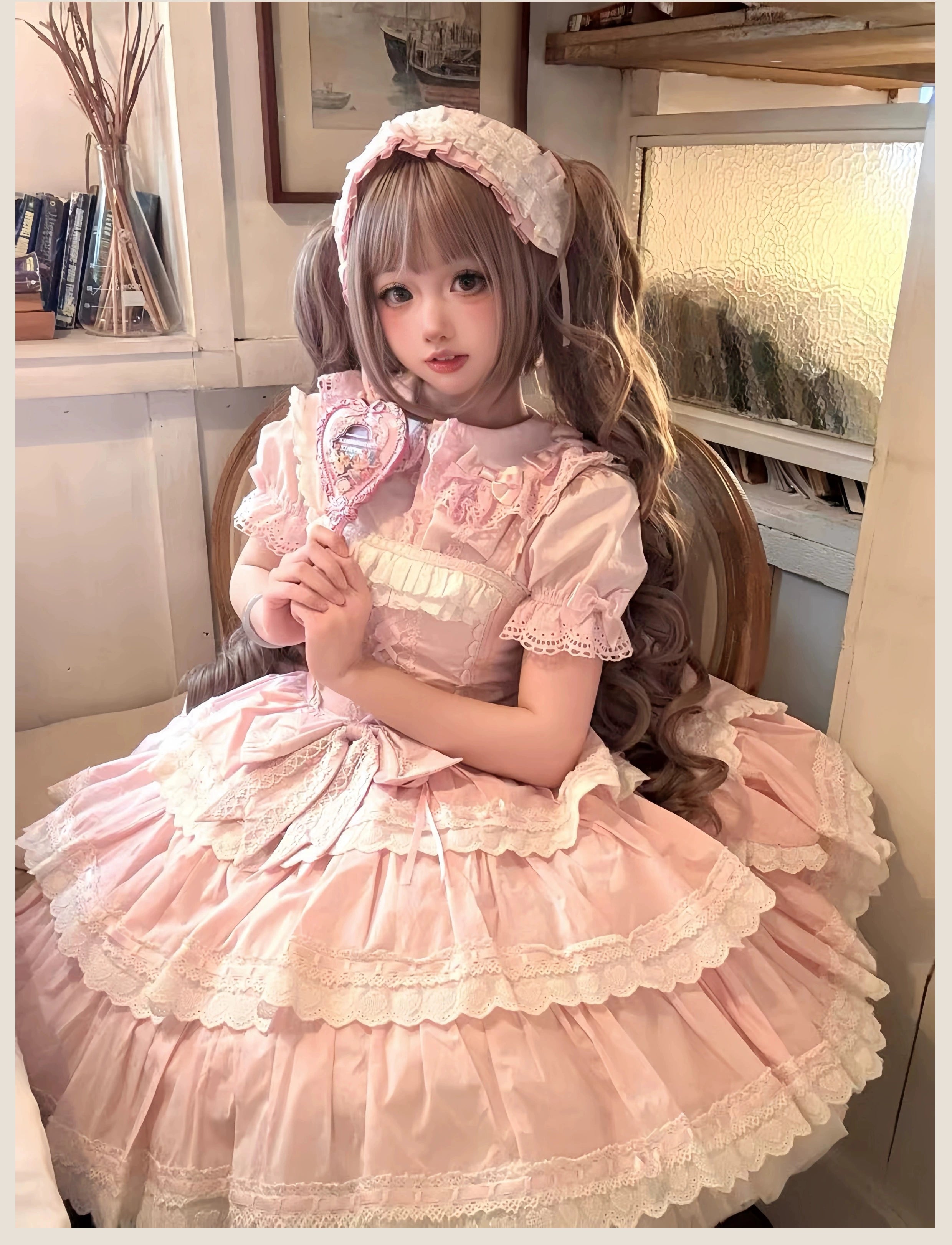 TaTaTa Lolita - Otome Heart - Cotton Old School Lolita JSK Dress Suit, Heart-Shaped Lace Trim Pink dress + Pink Headband + Pink BNT S