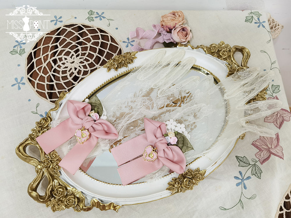 Miss Point - Lilyka Garden - Classic Lolita Headdress and Necklace Brooch Bow Trailing Lace Gloves - Pink