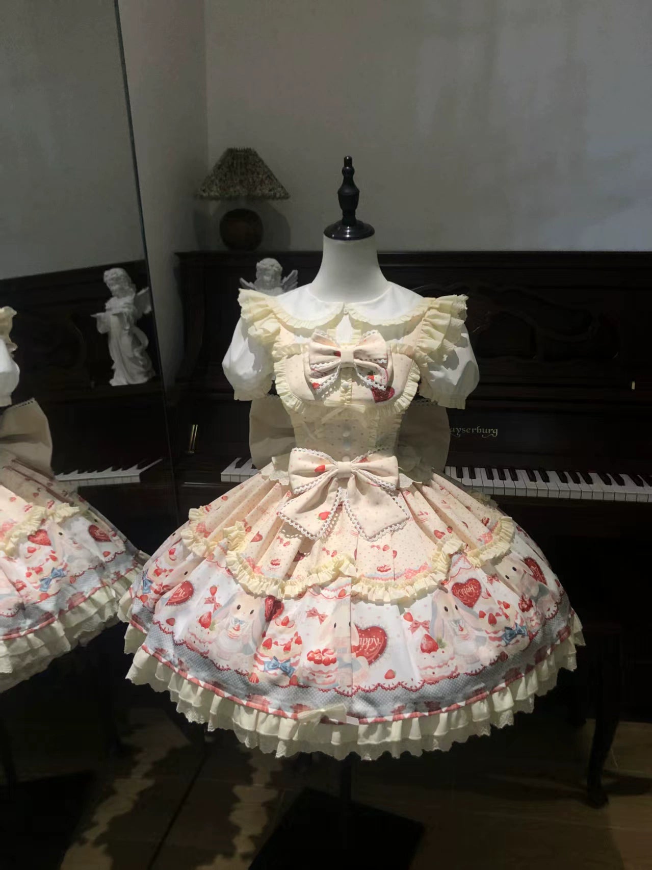 Sweet Dreamland - Bunny Party - Printed Sweet Lolita JSK, Bow Trailing Yellow Fullset (JSK + Shirt + Trailing) S
