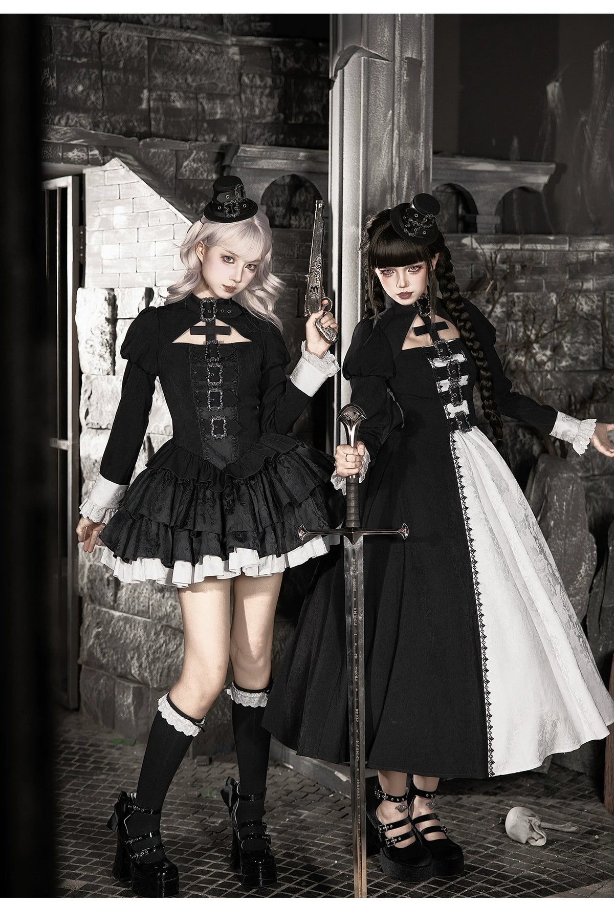 Klein - Black and White Gothic Lolita OP Dress Set, Metal D-rings 45996:871475