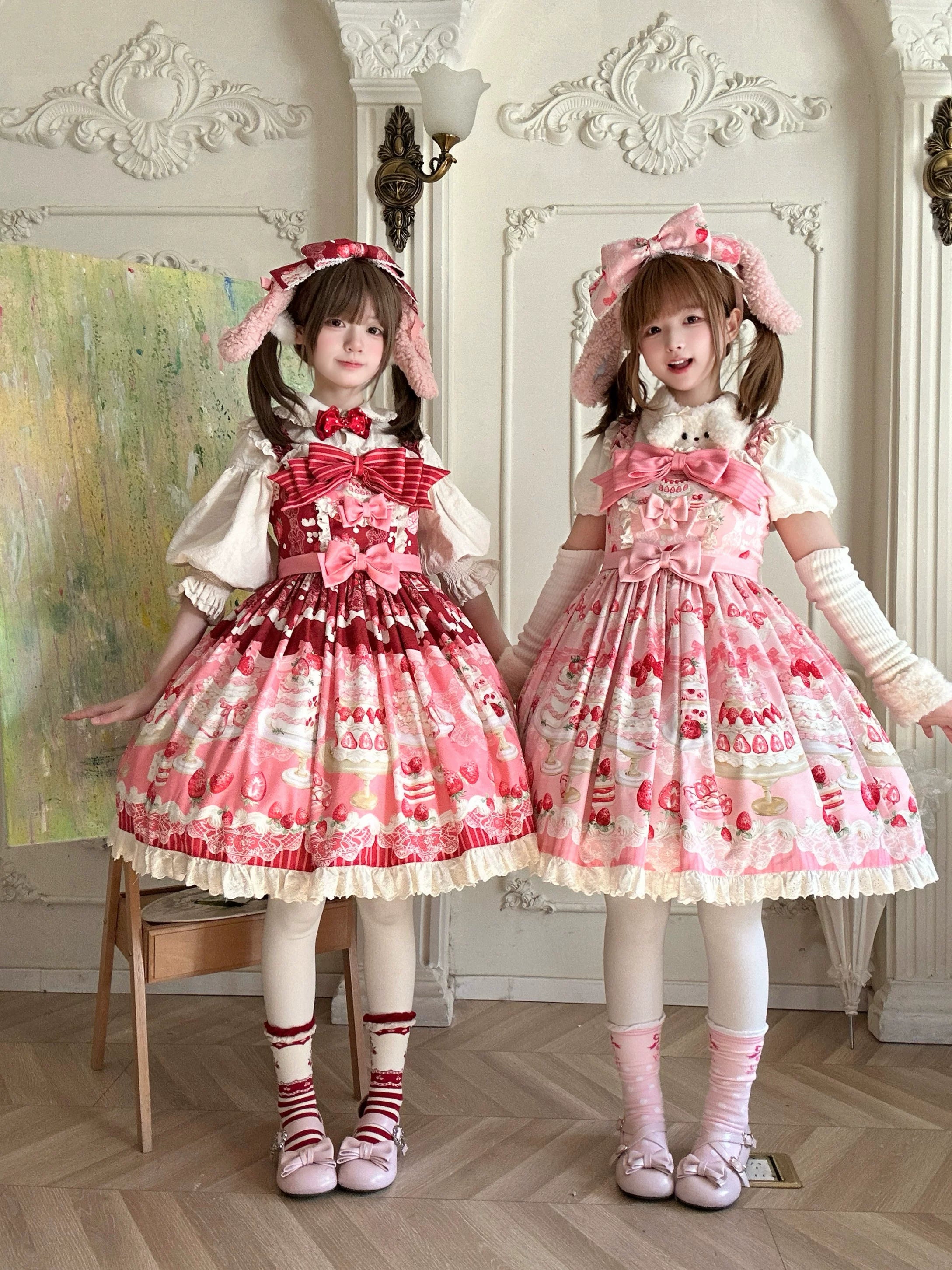 Strawberry Cake - Printed Sweet Lolita JSK Dress, Plush Bunny Ear KC