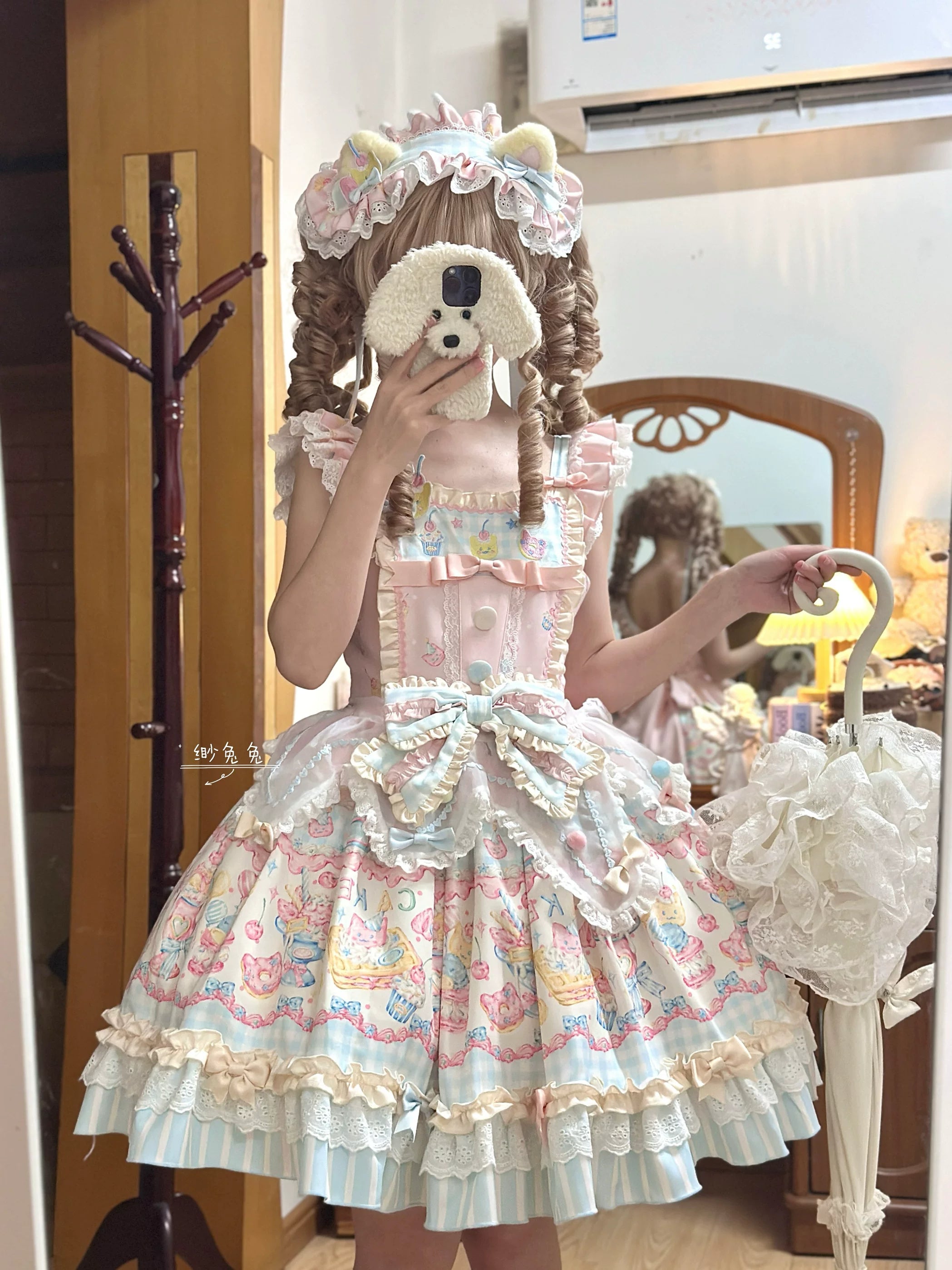 Sweet Cat Fruit Candy - Sweet Lolita Dessert Printed JSK Dress, Bows & Ruffles JSK Only S