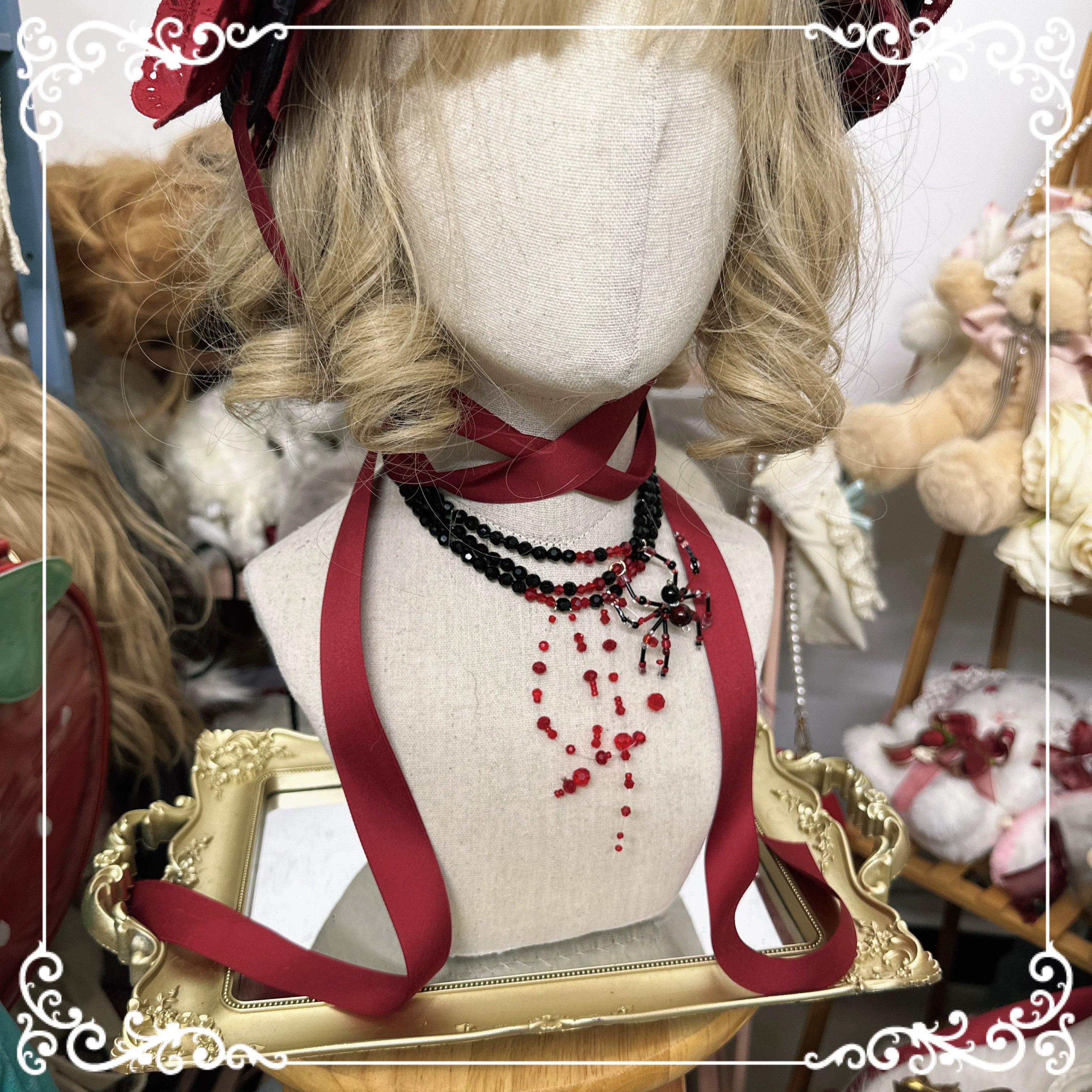 Chestnut Lolita - Gothic Lolita Bonnet Pure Cotton Hat Blood drop spider necklace