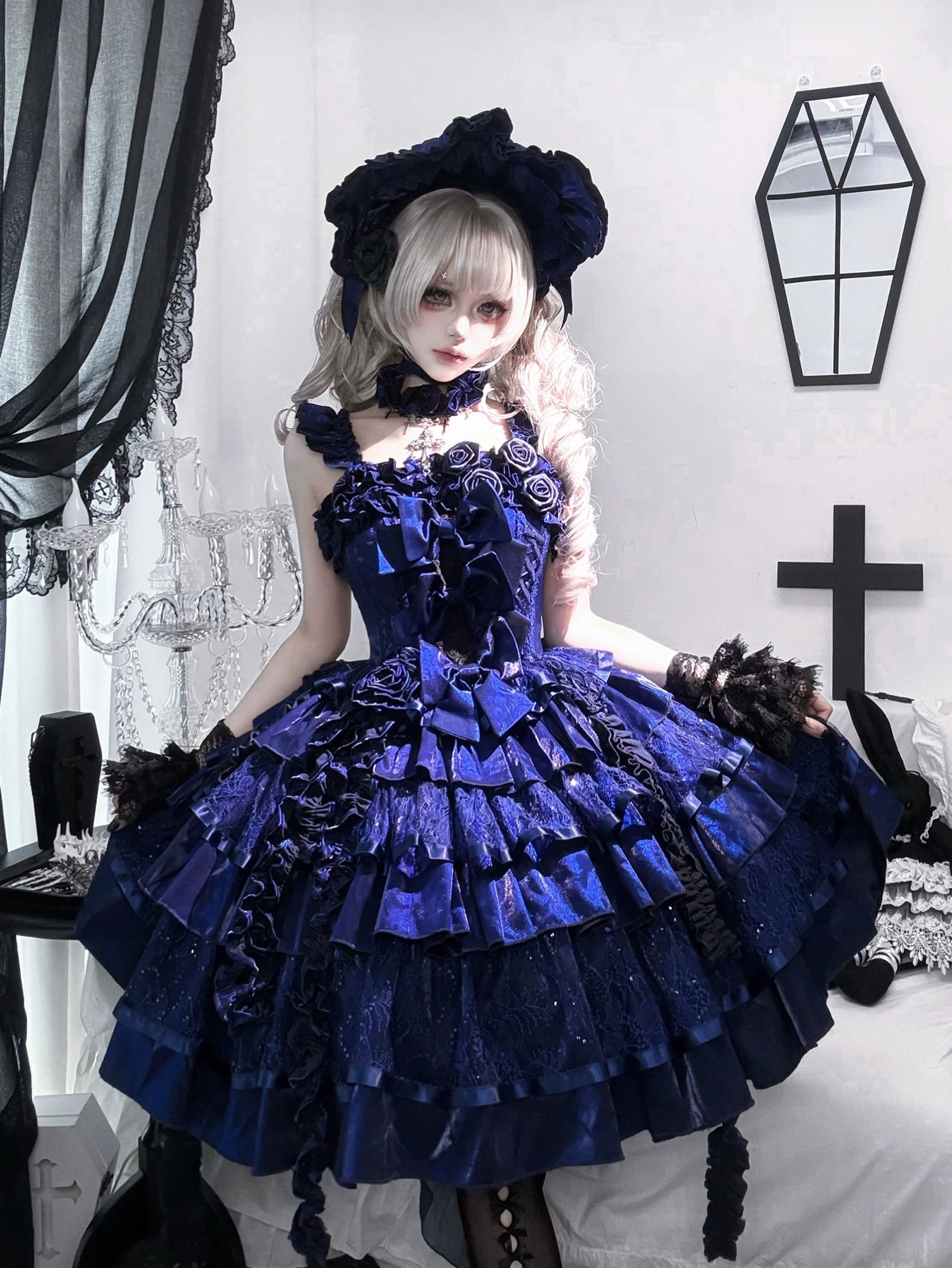 Eternal Night Rose - Gothic Lolita Doll Style JSK Dress, Tiered Ruffles