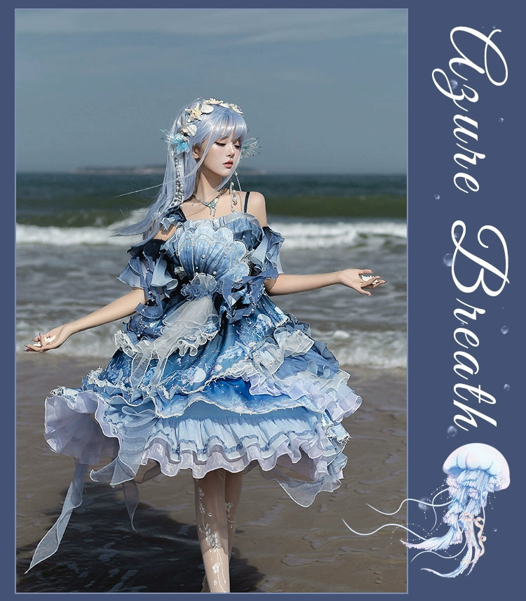 YingLuoFu - Blue Breath Jellyfish - Classic Lolita Jumper Dress, Side Zipper 43572:779896