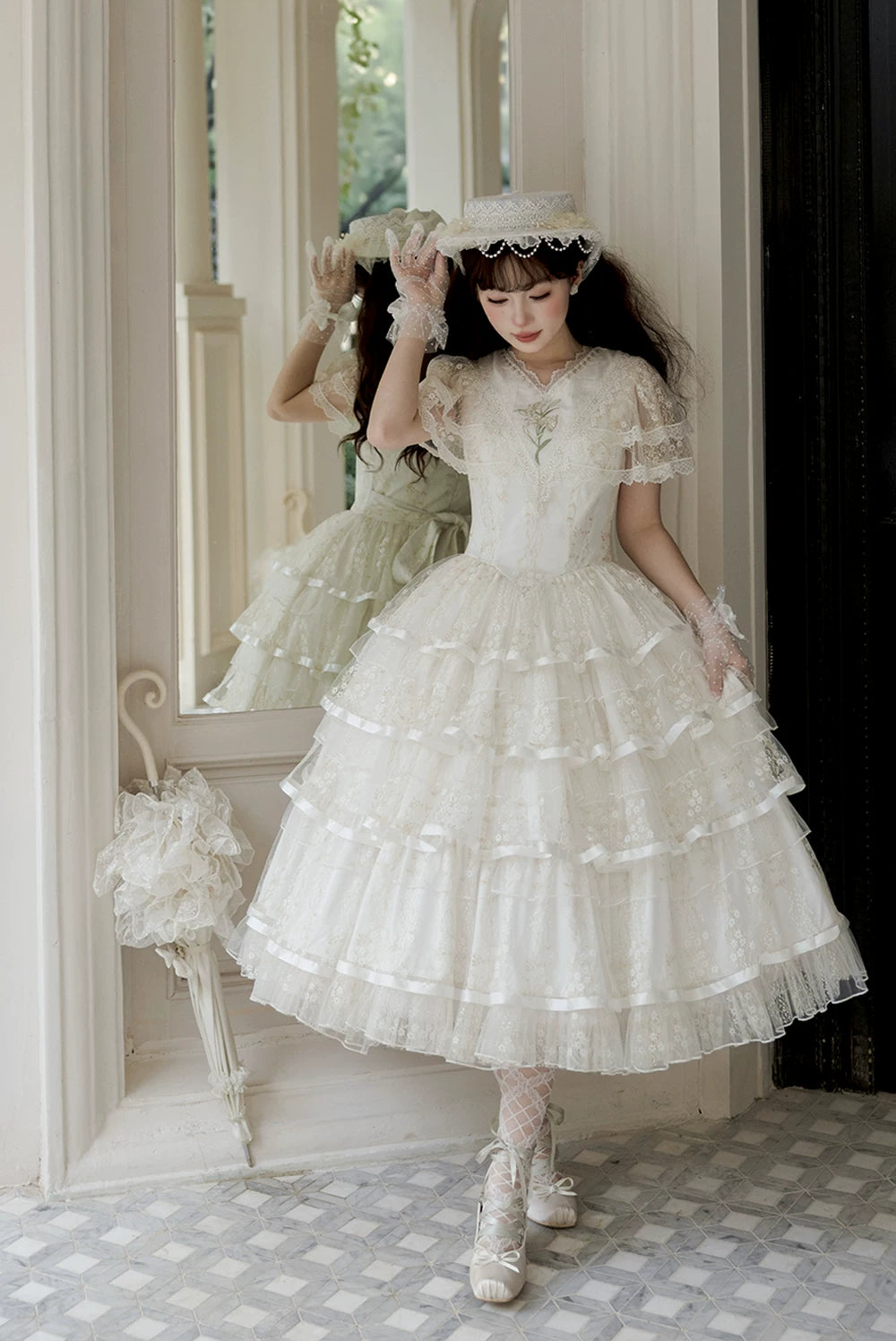 Morning Dew Lily - White Classic Lolita OP Dress, Tiered Skirt