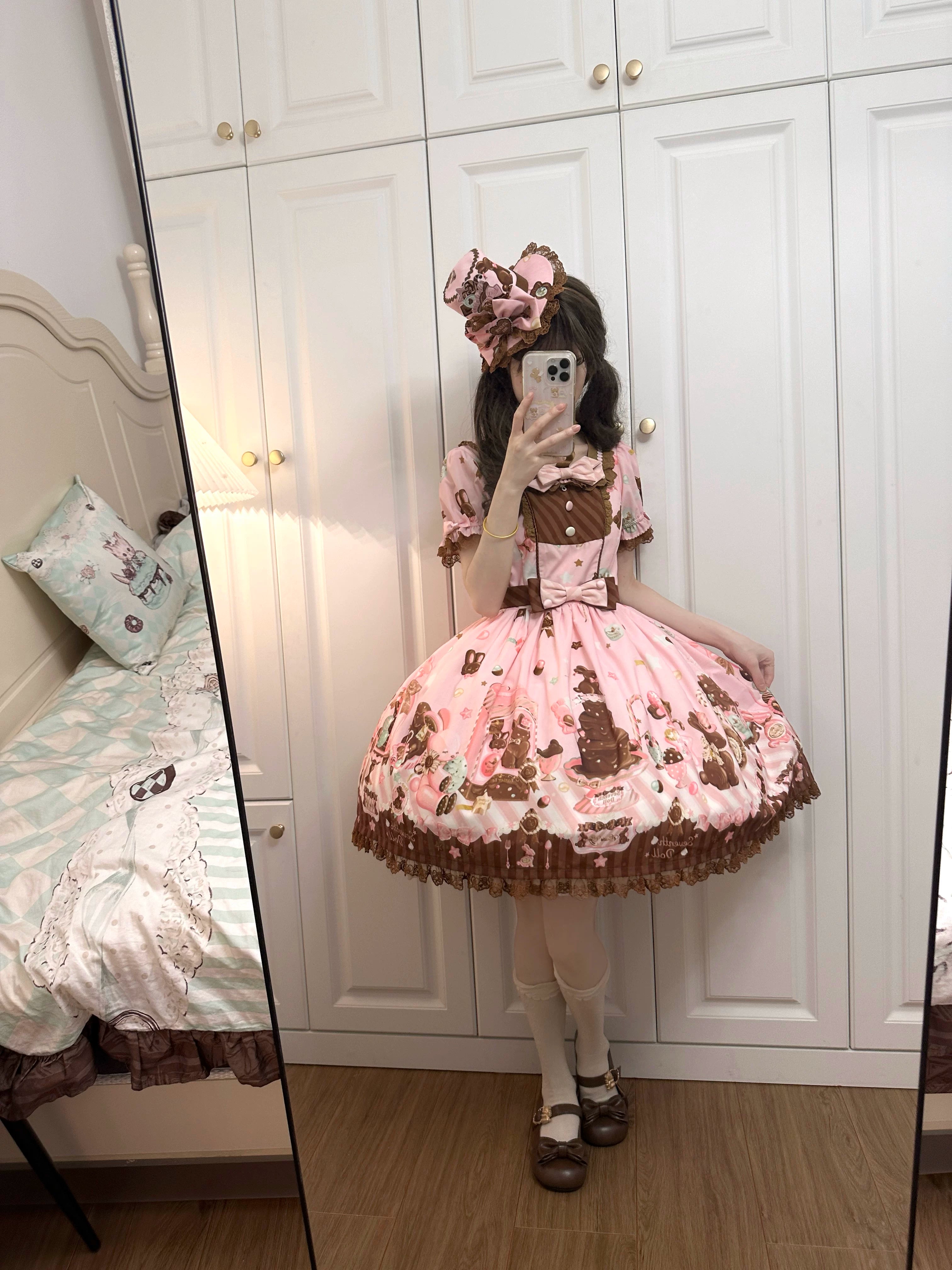 Chocolate Bunny - Printed Kawaii Lolita JSK, Short-sleeved Dress