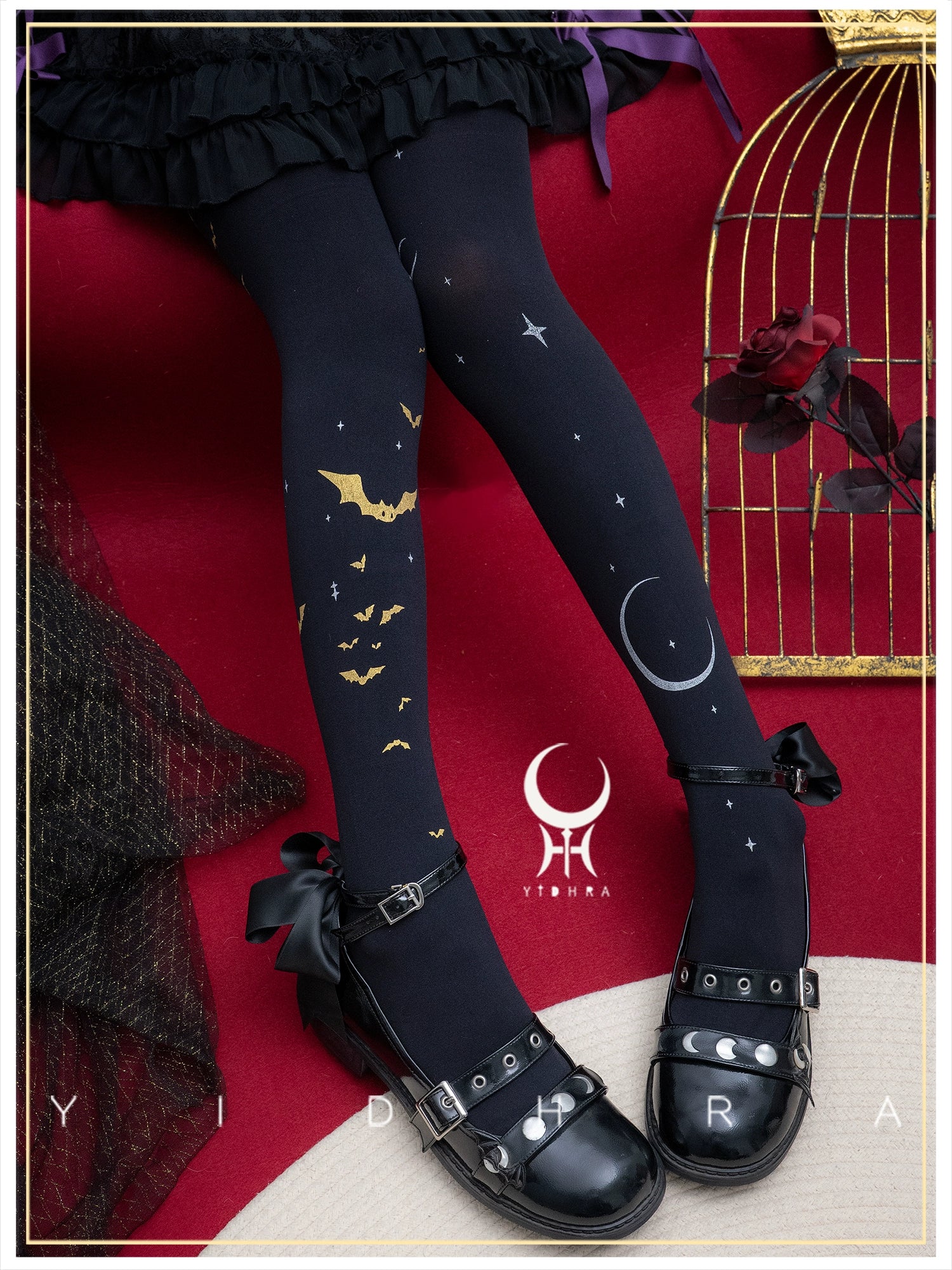 Yidhra - Night of Little Bats - Halloween Gothic Lolita Pantyhose, Bat Print 44059:795328