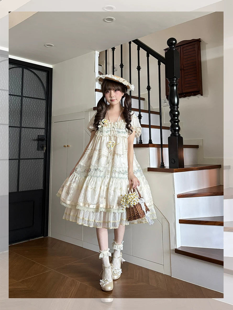 Daisy Poetry - Classic Lolita Lace JSK & OP Dress, Daisy Print and Embroidery 45825:864053