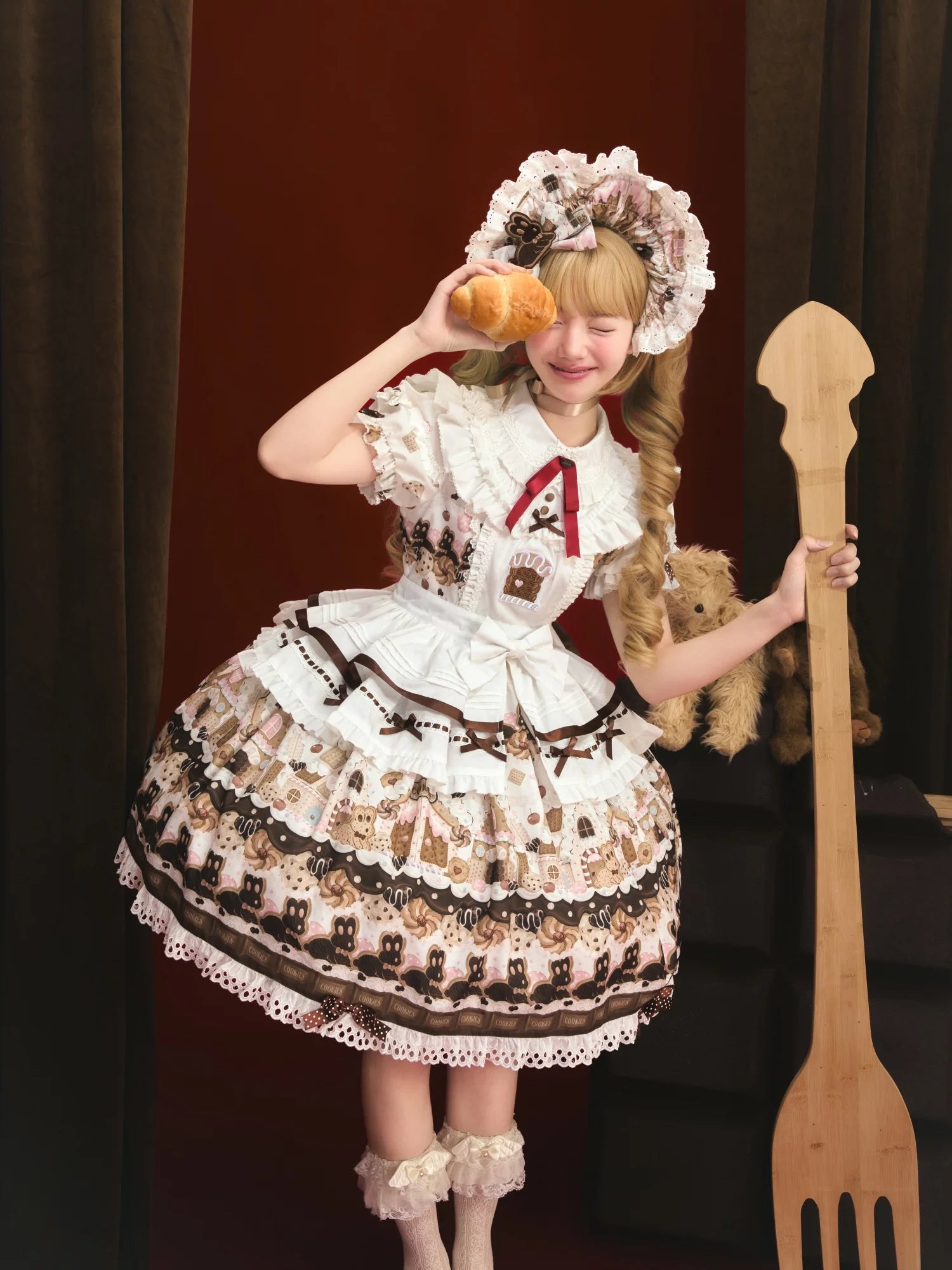Bunny Gingerbread House - Kawaii Lolita Printed OP Dress with Bows White Chocolate OP + Apron S
