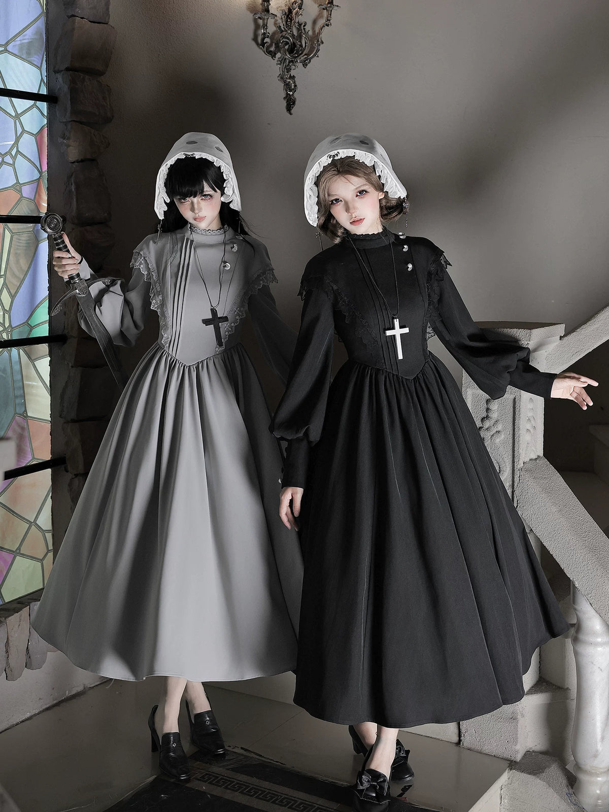Moon Phase - Gothic Lolita OP Dress Set, Detachable Cross-Shaped Apron 46035:873414