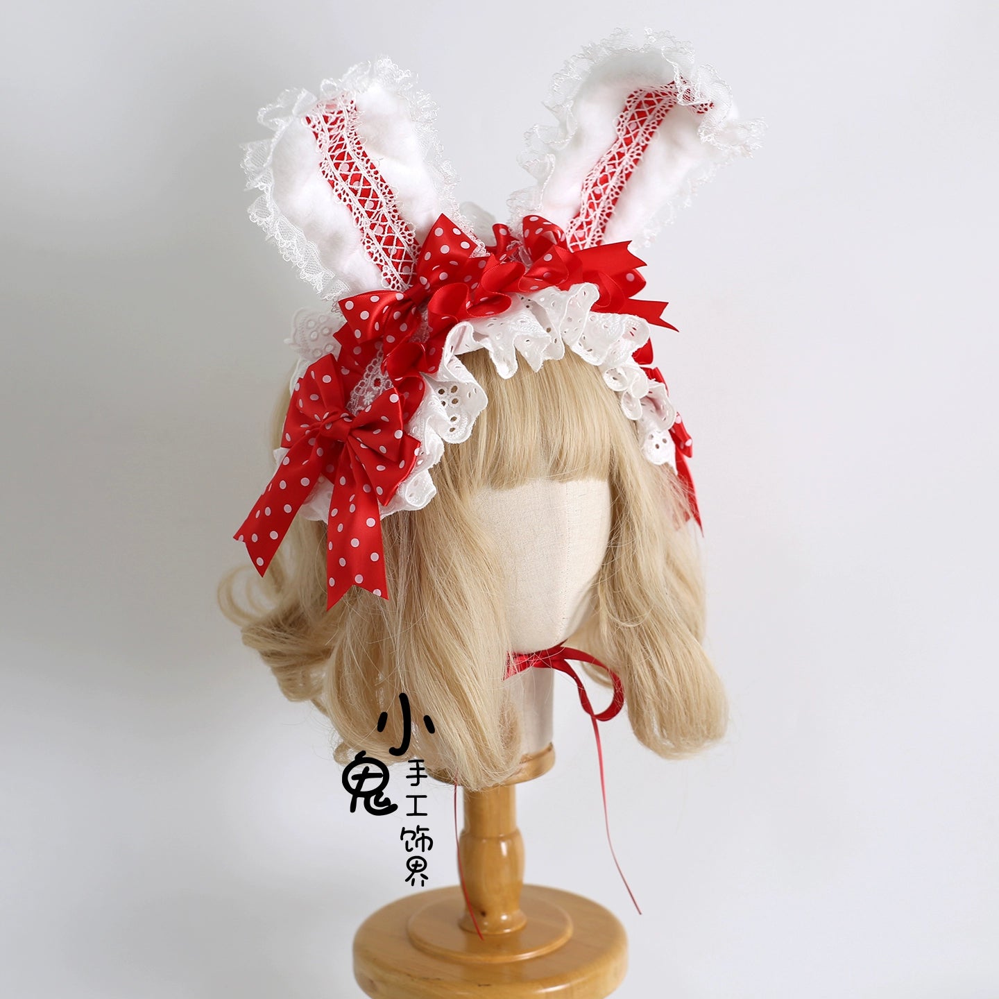 Xiaogui - Sweet Lolita Polka Dot Lace Hairband, Shapeable Bunny Ears (Red) 44127:797268
