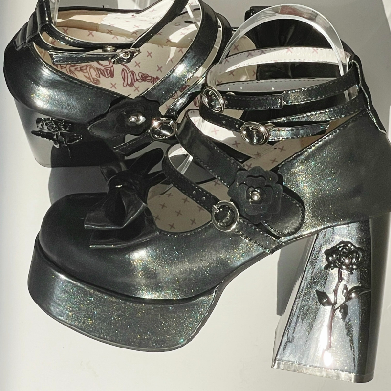 Dreamland - Whispers of the Rose - Daily Lolita Platform Heels Shoes with Relief Rose Shine Black (back heel height: 11 cm) 34