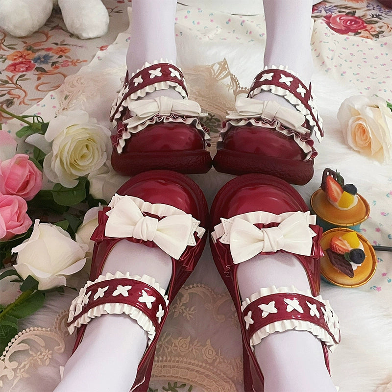 Fairy Godmother - Winter Girly Lolita Shoes Lolita Ankle Strap Shoes 34 Wine Red-Spring Style (PU Lining)
