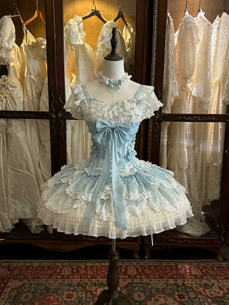 Meowing and fruity - Dream of Floral - Doll-Like Sweet Lolita Dress, Tiered Petal Hem Mint Green Dress - S