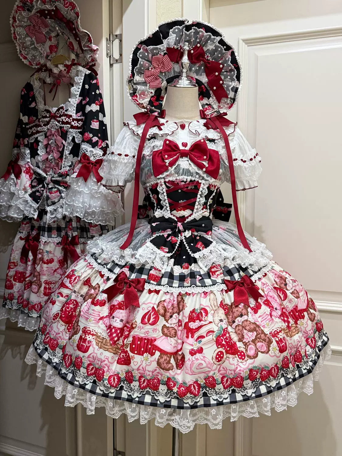 SweetBerry Bunny Bear - Sweet Lolita Tiered Lace JSK Dress, Strawberry and Bear Print Black - JSK Only S