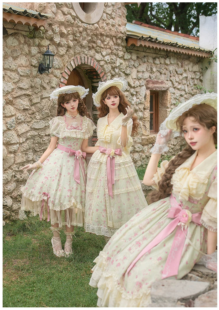 Wind Swept Roses - Classic Lolita Rose Printed Dress Set, Petal Hem