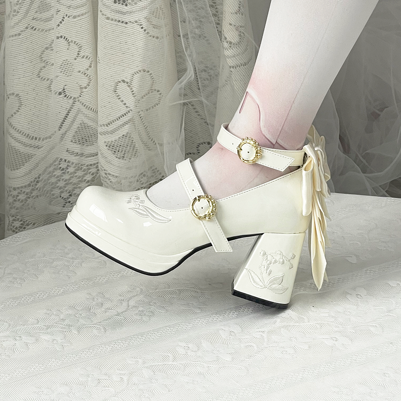 Dreamland - Dreamlike Lily of the Valley - Classic Lolita Platform Shoes with Back Large Bow Patent White 34