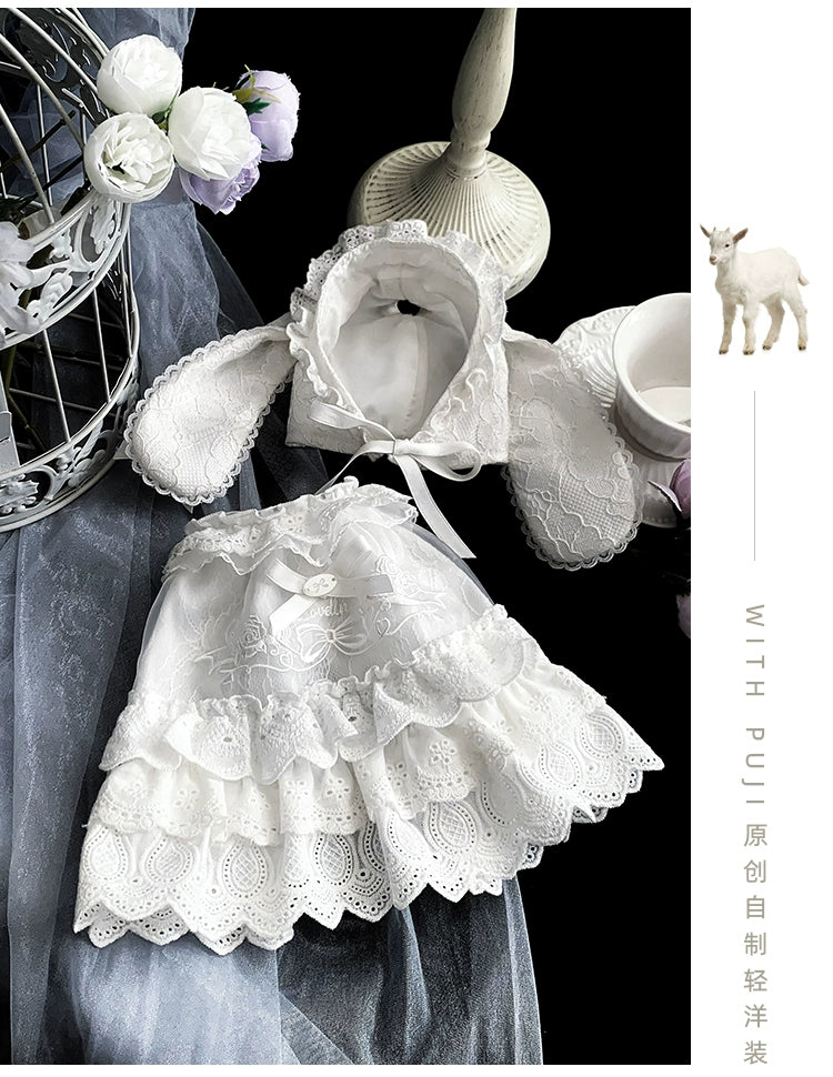With PUJI - Puppet Box - Kawaii Lolita Bag Lamb Kitten Detachable Bag Dress Hat White Lamb Yuki Dress + Hat Only