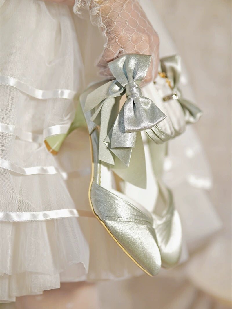MR.Qiutian~Coronation~Elegant Lolita Shoes Satin Heels With Rose Buckle & Bow Clip (34 35 36 37 38 39 40) 43252:772790