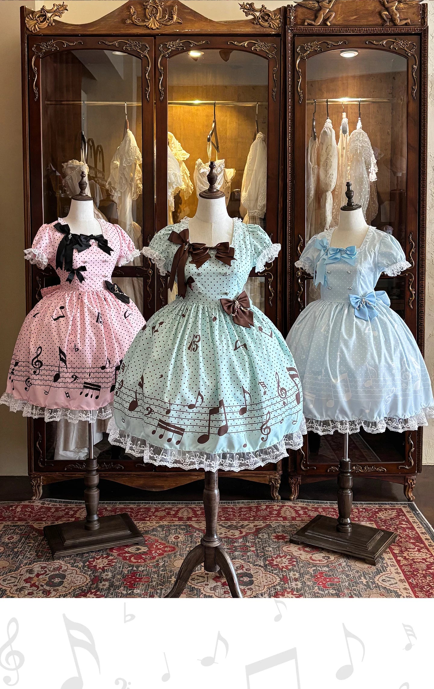 Little Music Note - Old School Lolita Polka Dot Print OP, Lace & Bows