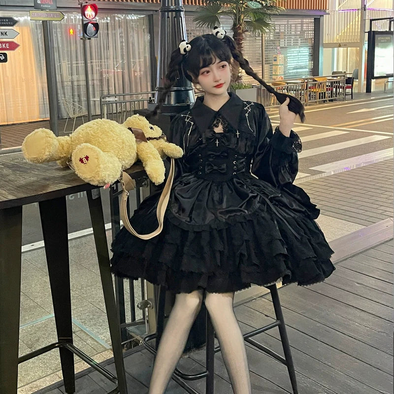 Hanguliang - Cross Medal - Black Gothic Lolita JSK, Tiered Skirt 44239:799550