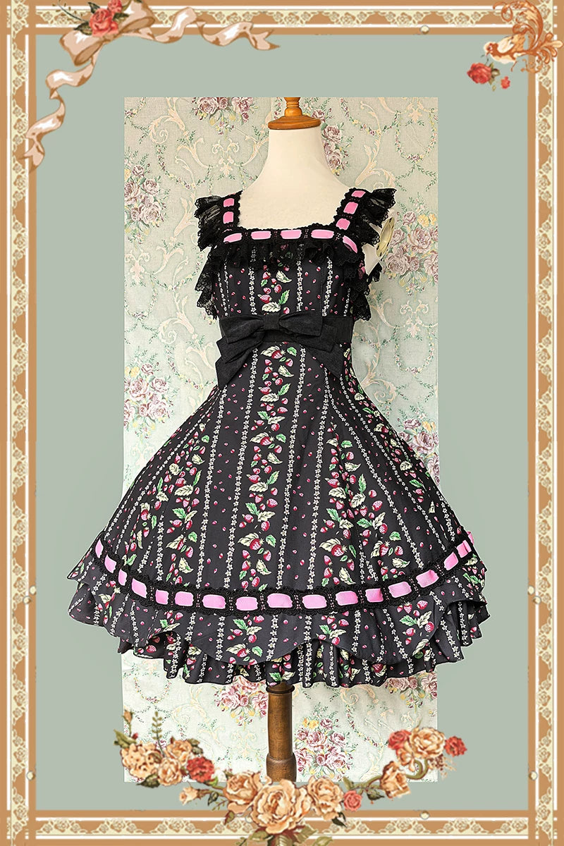 Berries & Strawberry - Old School Lolita JSK Dress Set, Strawberry Print 46097:874969