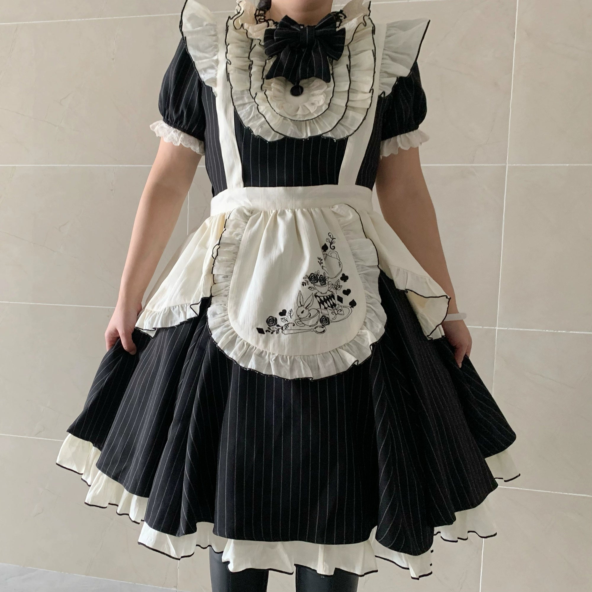 Chubby Cat Diary - Afternoon Tea - Striped Sweet Lolita OP, Petal-Ruffled Apron (2XL 3XL L M S XL) 44318:804541