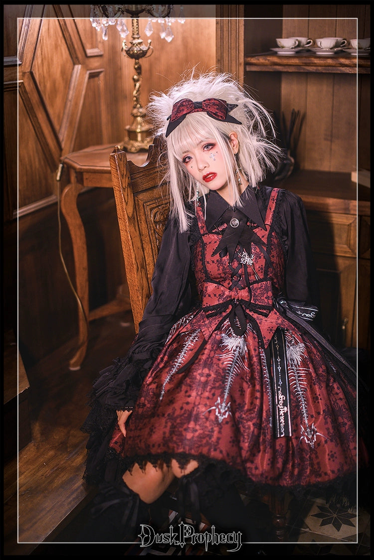 DuskProphecy - Coccyx - Elegant Lolita Dress High Waist Fishbone Print JSK Set 34722:466586