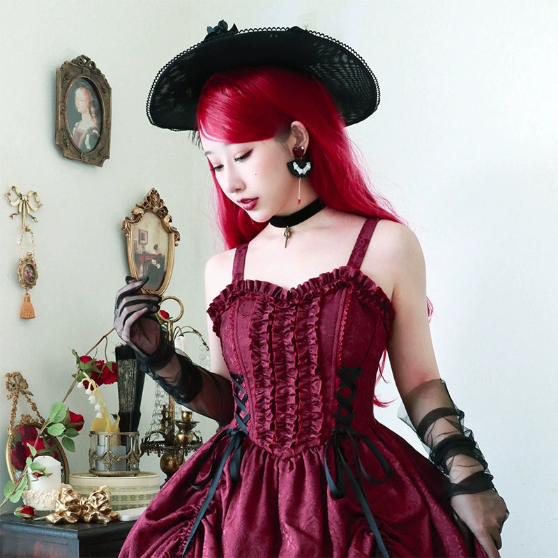 Moonlit Fragrance - Red Night Hunt - Classic Lolita Jumper Dress Wine Red JSK