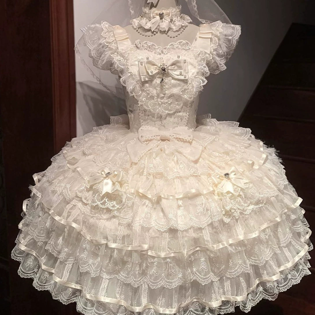 Hanguliang - Feather's Ballad - Wedding Lolita JSK Dress, Tiered Ruffles