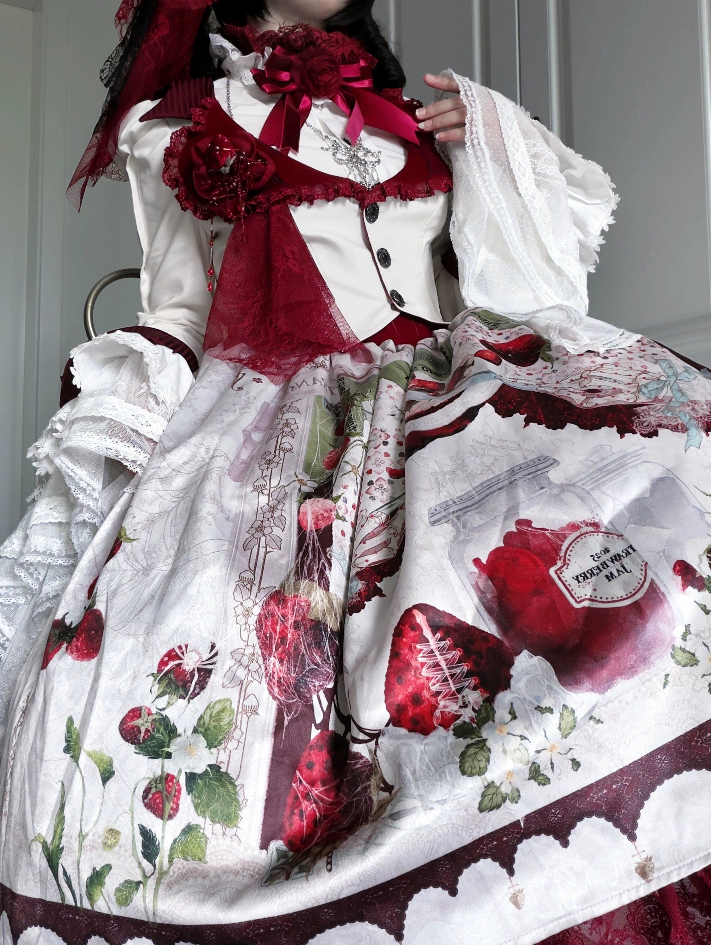 Monster Strawberry Hunt - Gothic Lolita Strawberry Printed Velvet Dress Set 45737:859874