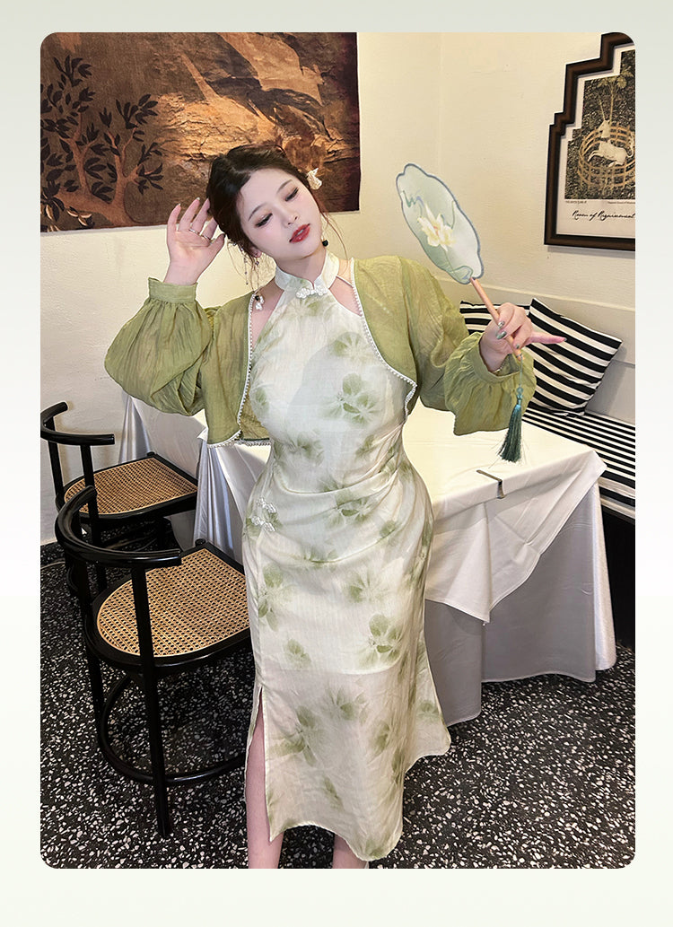 Yingtang~Plus Size Han Lolita Cheongsam Dress Set XL green bolero 