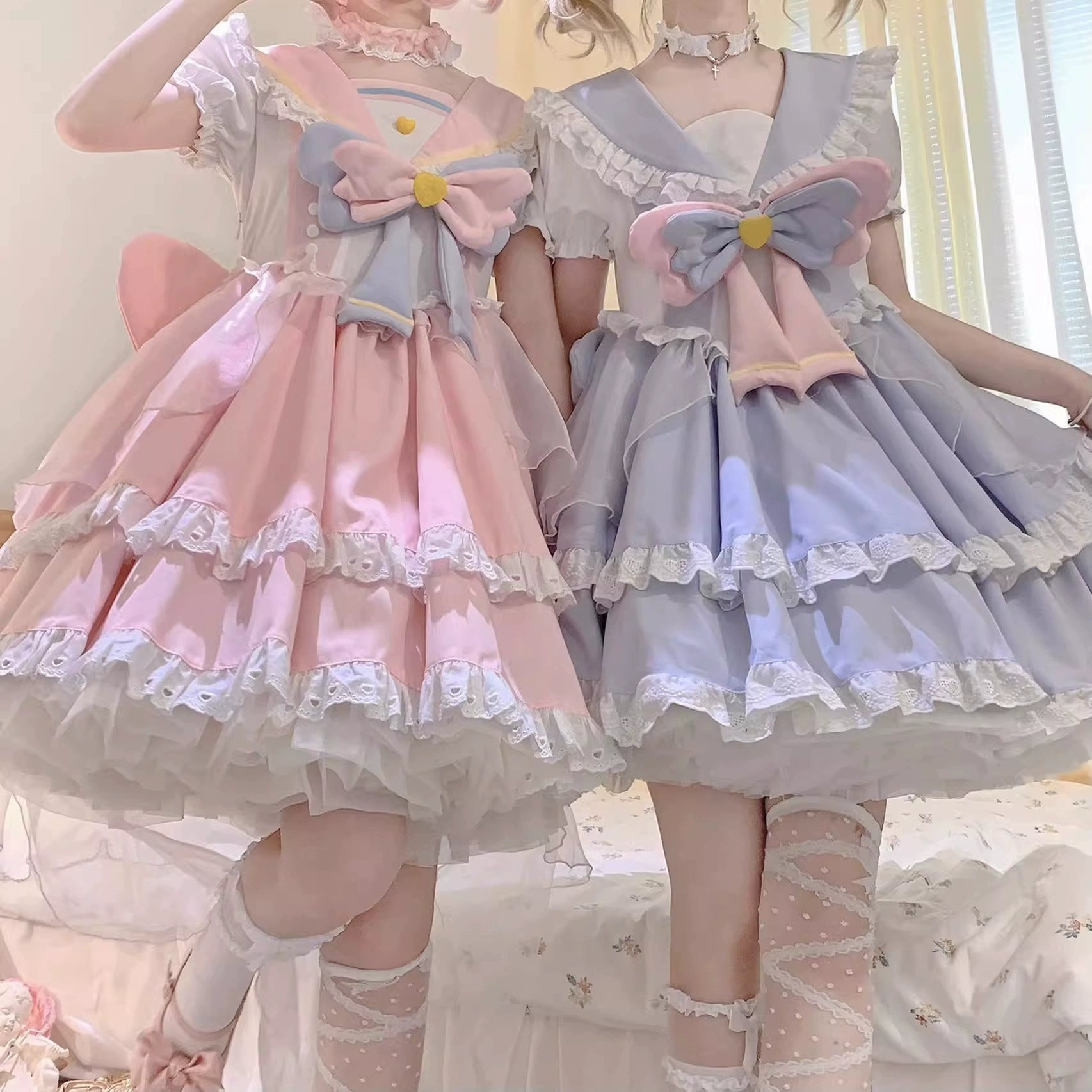 Labixiaoxin - Sweet Lolita OP Dress Navy Collar Pastel Tiered Dress