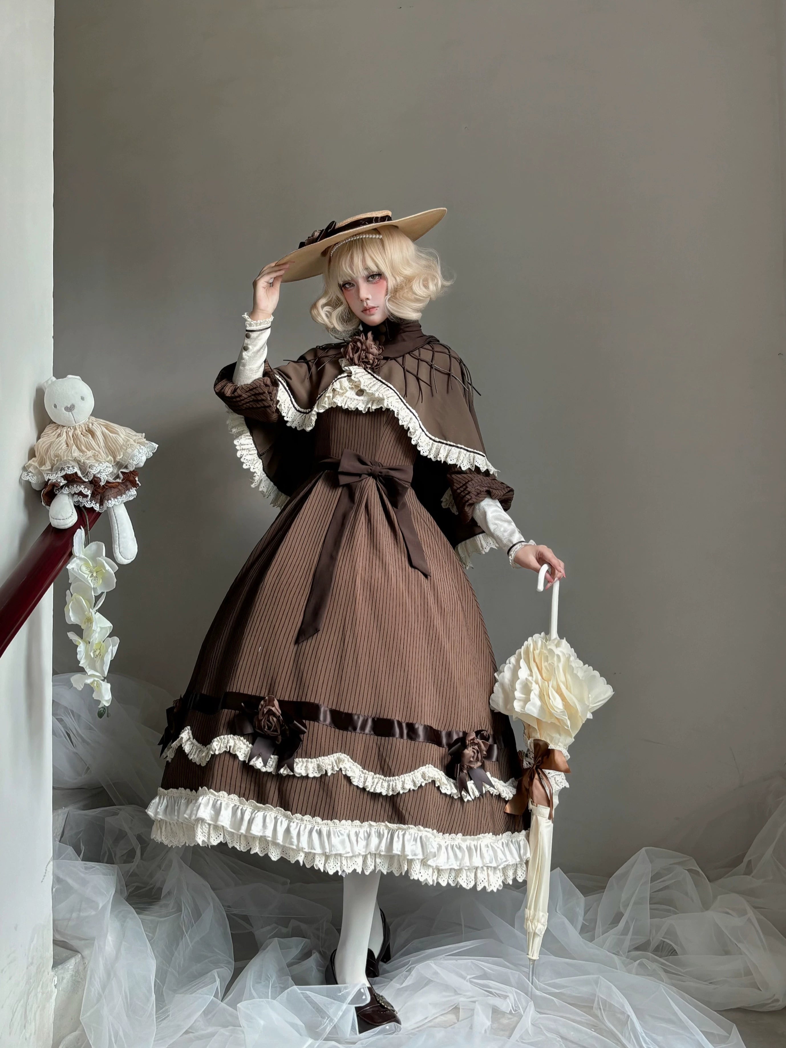 Muyu Handmade Studio - Evening Whispers of London - Brown Classic Lolita OP Dress, Mermaid Skirt Outfit 43993:791957