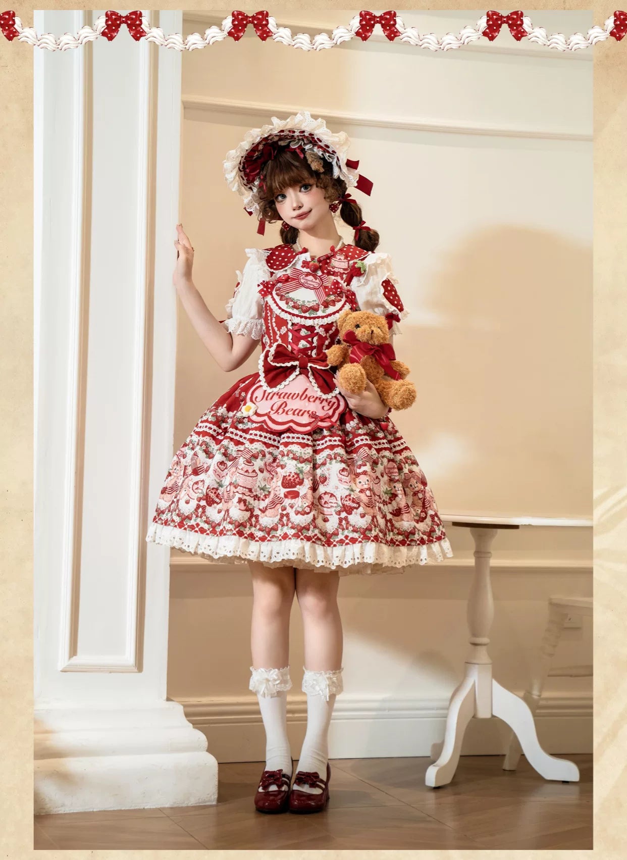 Strawberry and Bear - Printed Sweet Lolita JSK Dress, Heart Shaped Collar Shirt