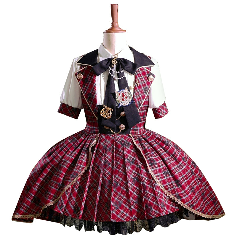 Forest Fluorescent Carps - IP Collab Sweet Lolita Performance Outfit Red Plaid JSK Full Set