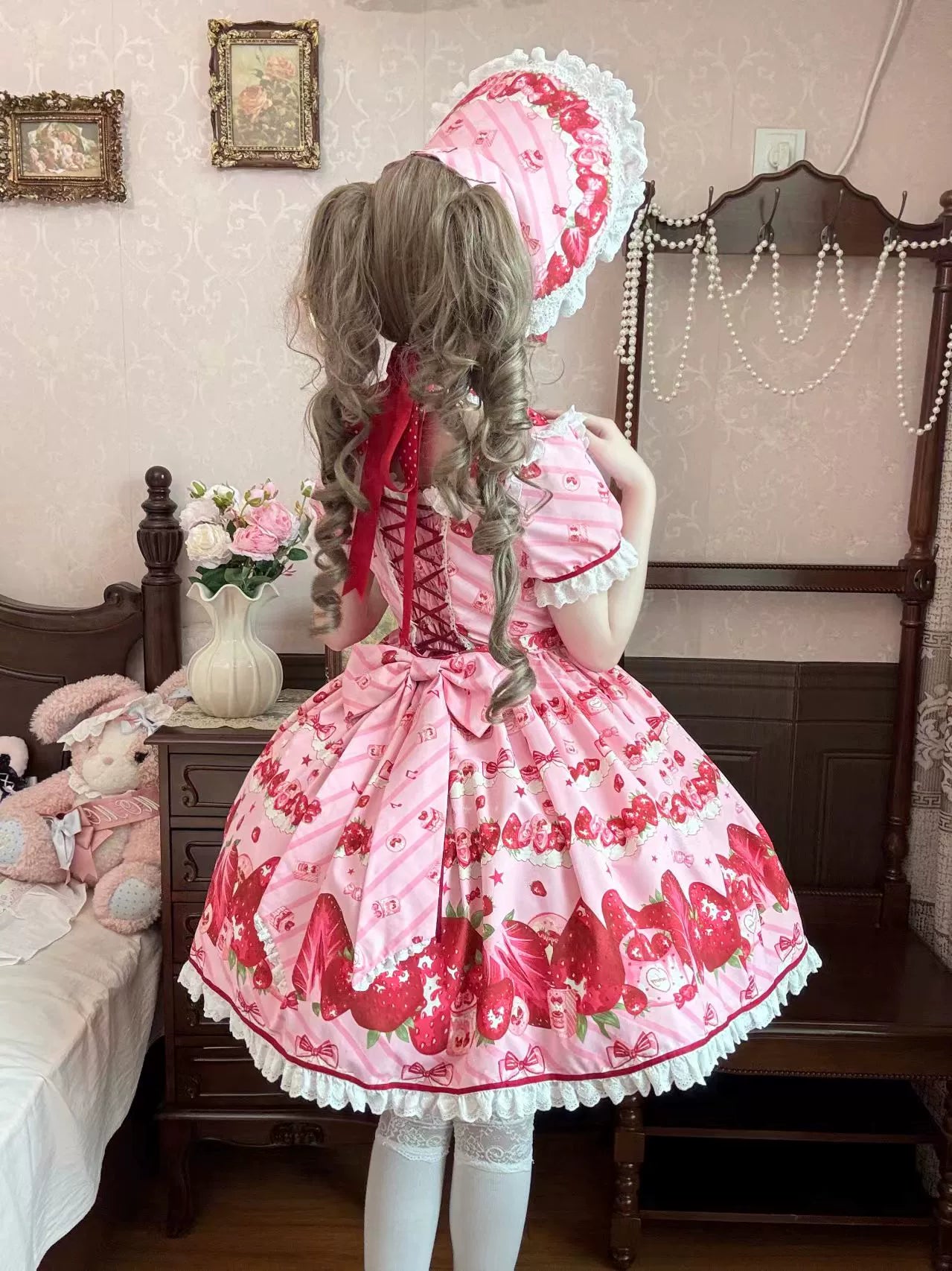 Peach Bunny - Strawberry Box - Sweet Lolita OP Dress, Strawberry Print 43994:791545