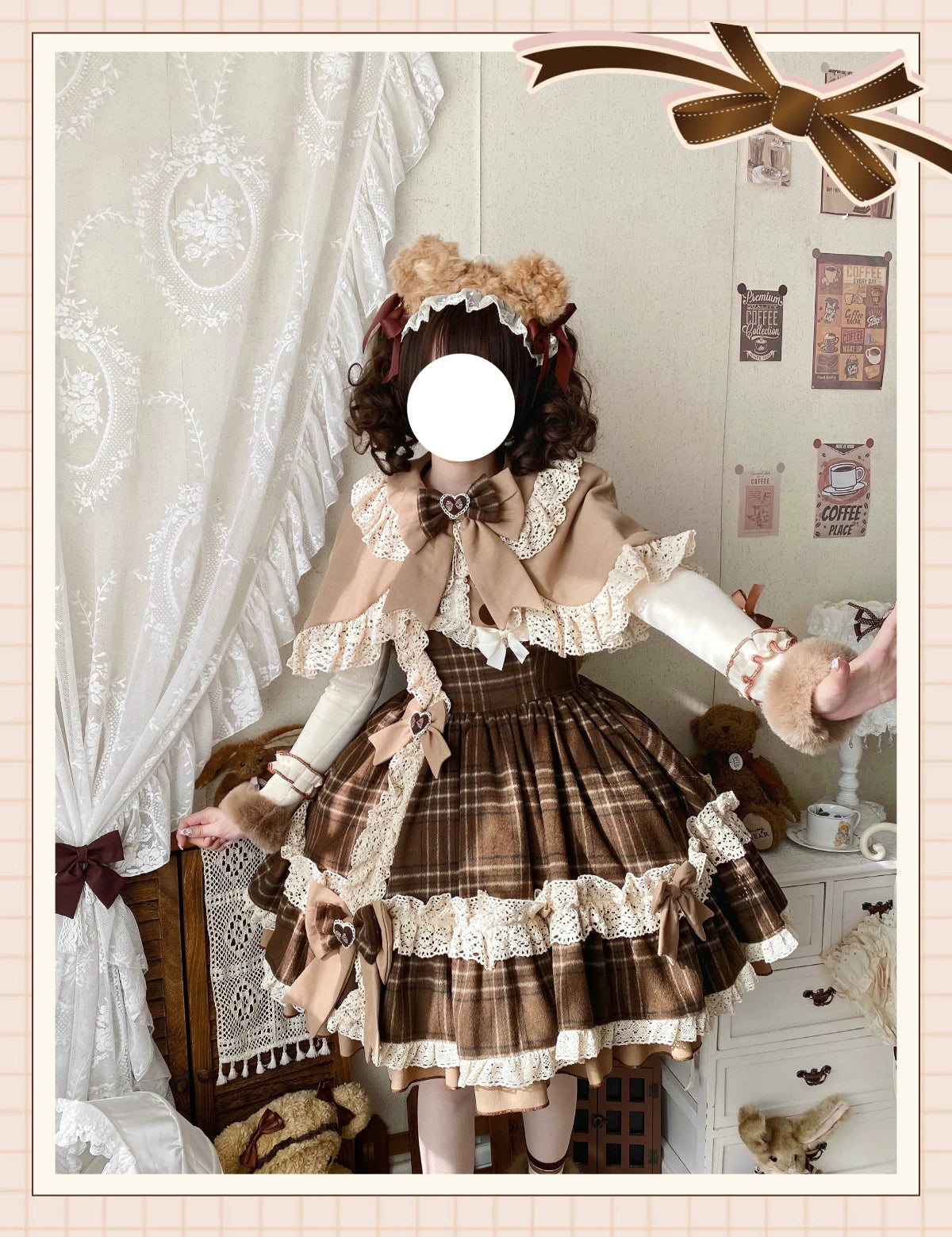 Choco Chestnut - Plaid Kawaii Lolita JSK Dress, Peter Pan Collar Cape 44501:810597
